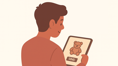 Illustration of a suggested teddy bear gift on a tablet.